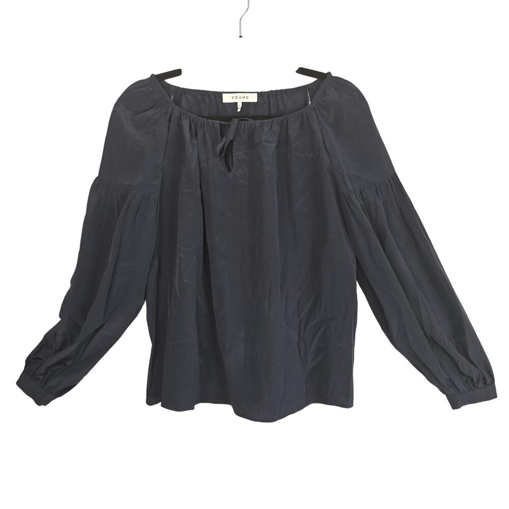 Frame Blouse Womens Small Dark Navy Blue 100% Silk Long Sleeve Top Minimalist